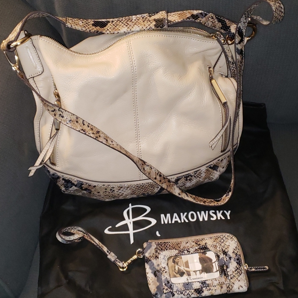 B Makowsky Soft Leather Cream and Snake Print